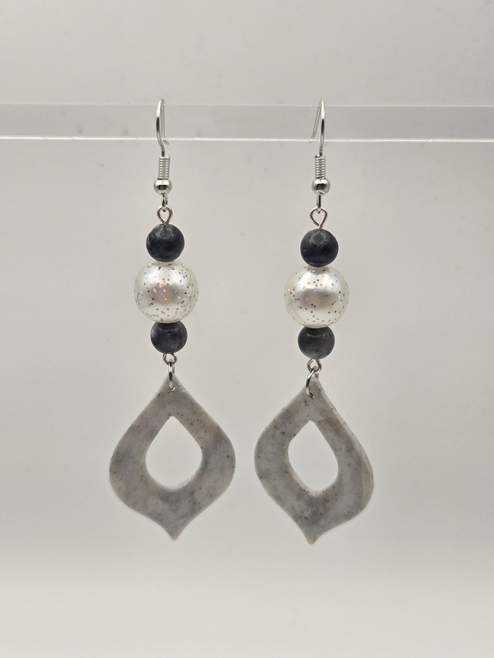 #B500- Grey Teardrop Dangle Earrings With Larvikite Beads